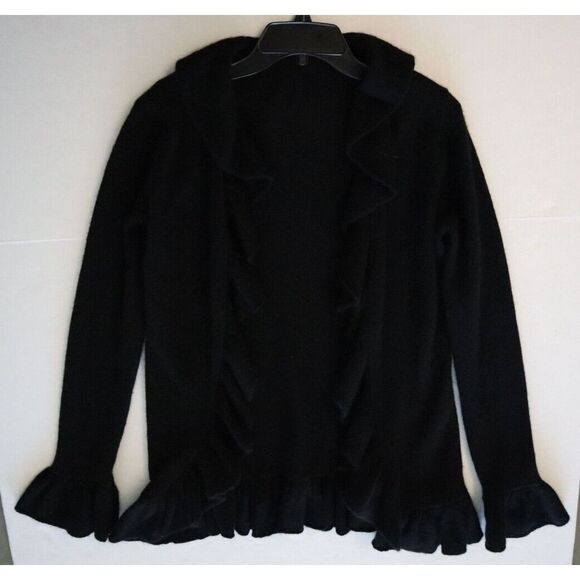 Minnie Rose H0359C9 Women's Sz S Black Cashmere Open Front Ruffled Cardigan - Picture 3 of 6